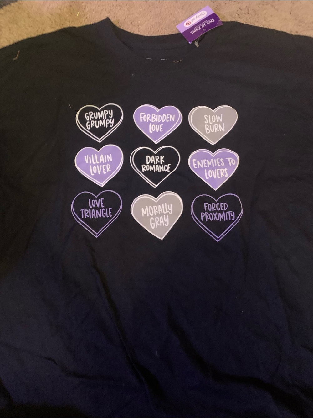 Out of Print Women’s Black Tee with Purple & Gray Heart Graphics
